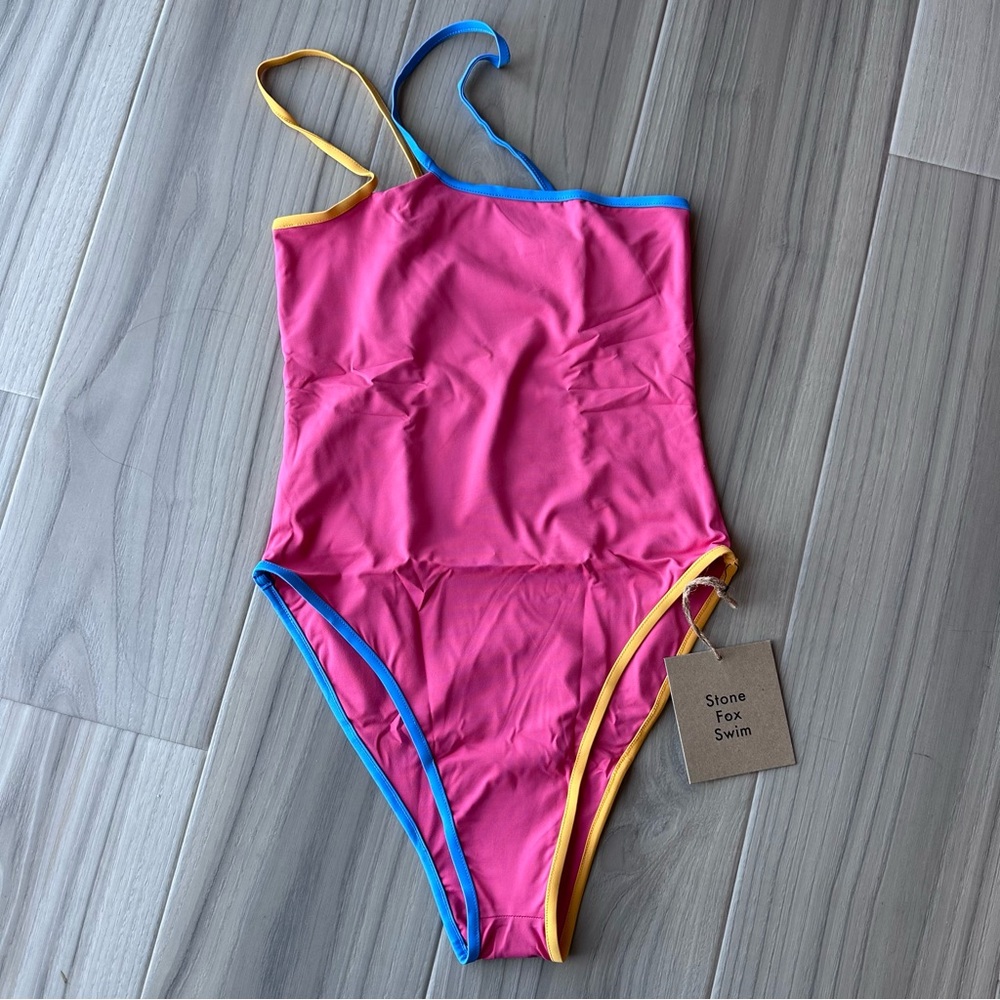 Stone Fox Swim Pink One-Piece with Blue and Yellow Trim